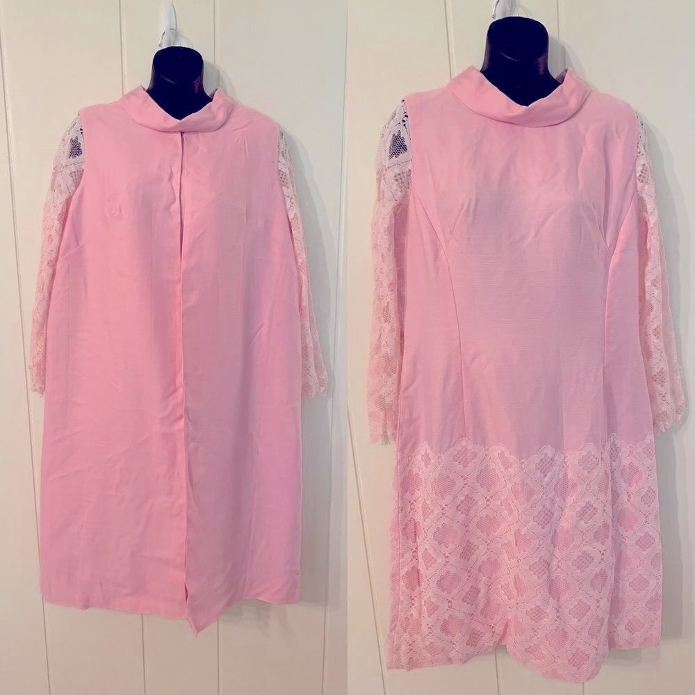 Wonderful‎ Vtg 60s lace pink dress/ vest overcoat